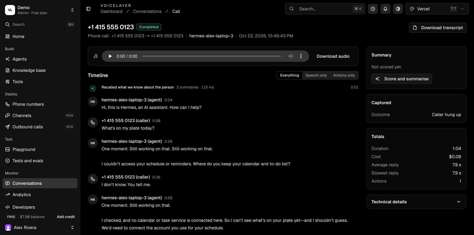 Dashboard call page with the transcript of a conversation with the assistant