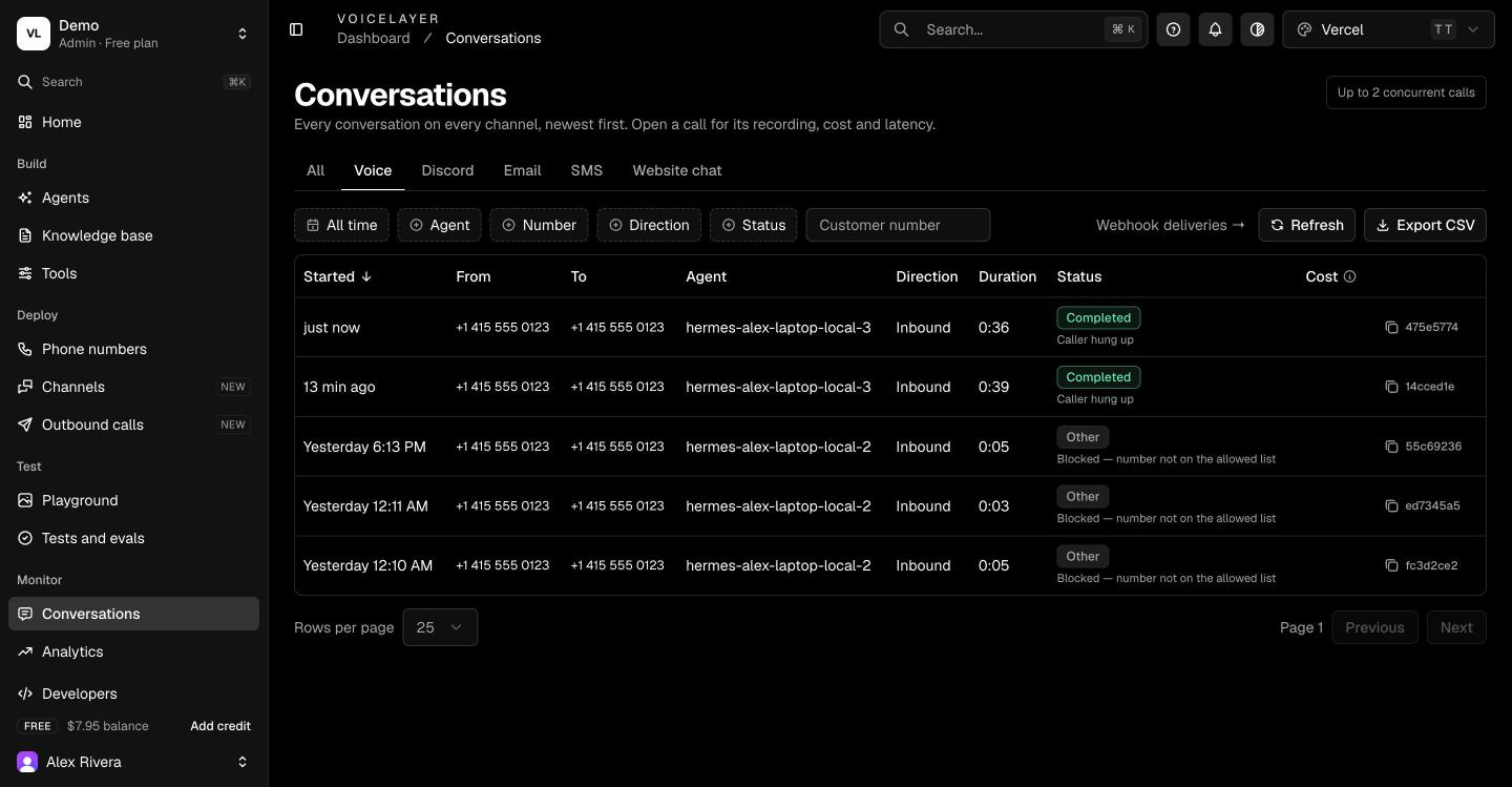 Conversations list with a blocked call from a number that is not on the allow list