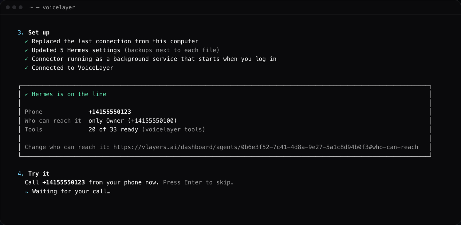 Terminal result card showing the assistant's phone number, who can reach it and the available tools