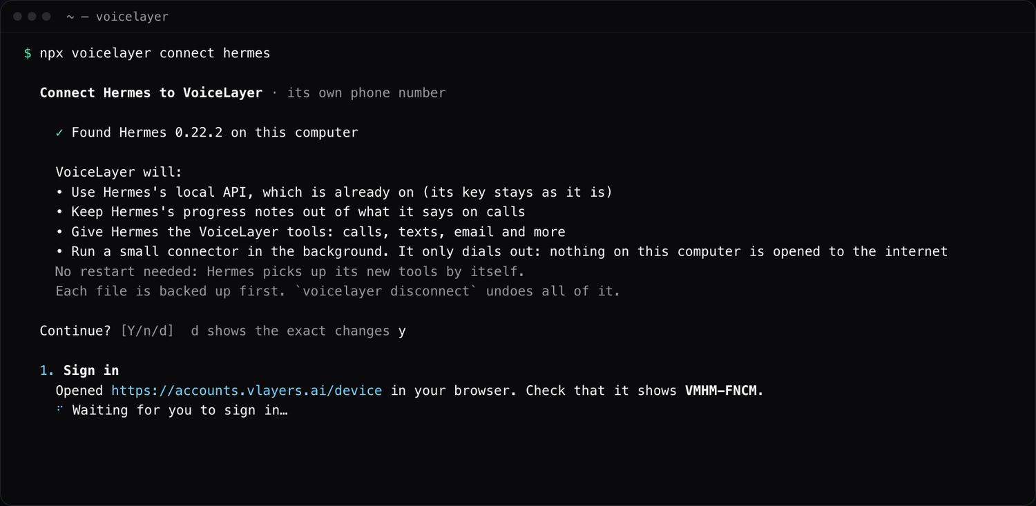 Terminal showing the list of changes the connect command will make to the Hermes configuration, with a prompt to continue