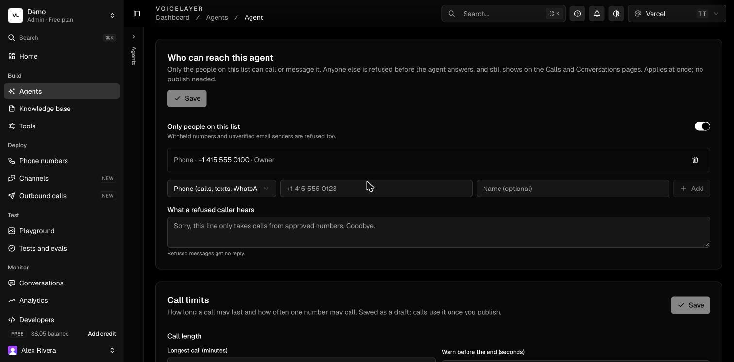 Allow list settings showing the owner's number and the option to open the line to anyone